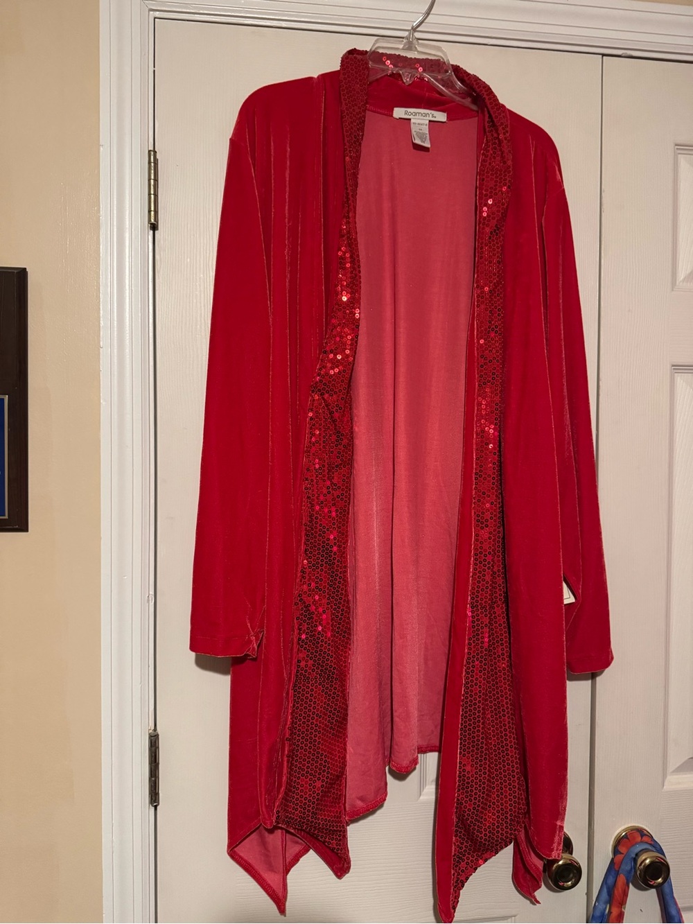 Roaman's Red Velvet Sequin Trim Cardigan